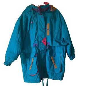 Vintage Venezia Long Retro Blue 80s 90s Ski Hooded Nylon Coat Women’s 18/20